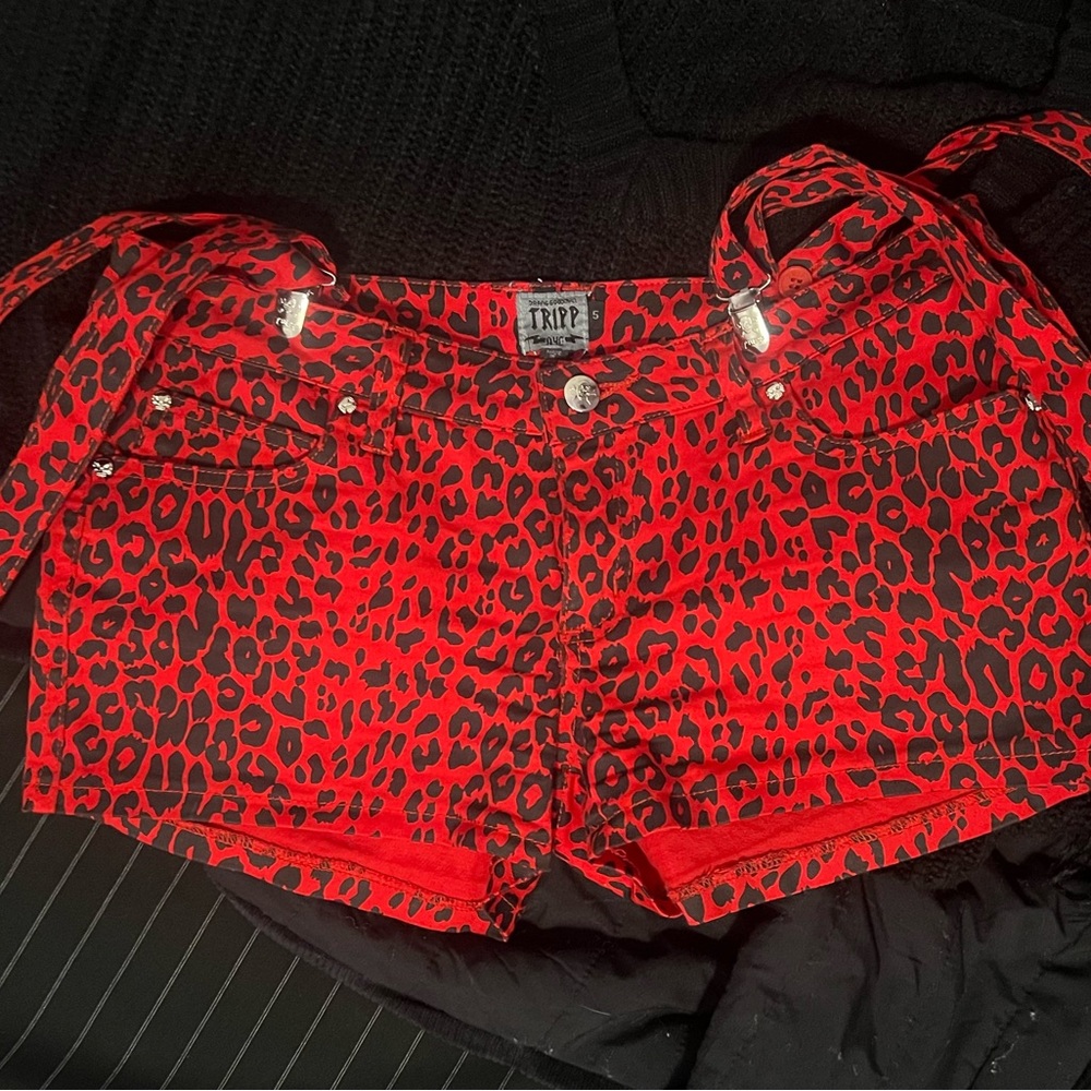 Tripp NYC Black and Red Leopard Print Denim Shorts